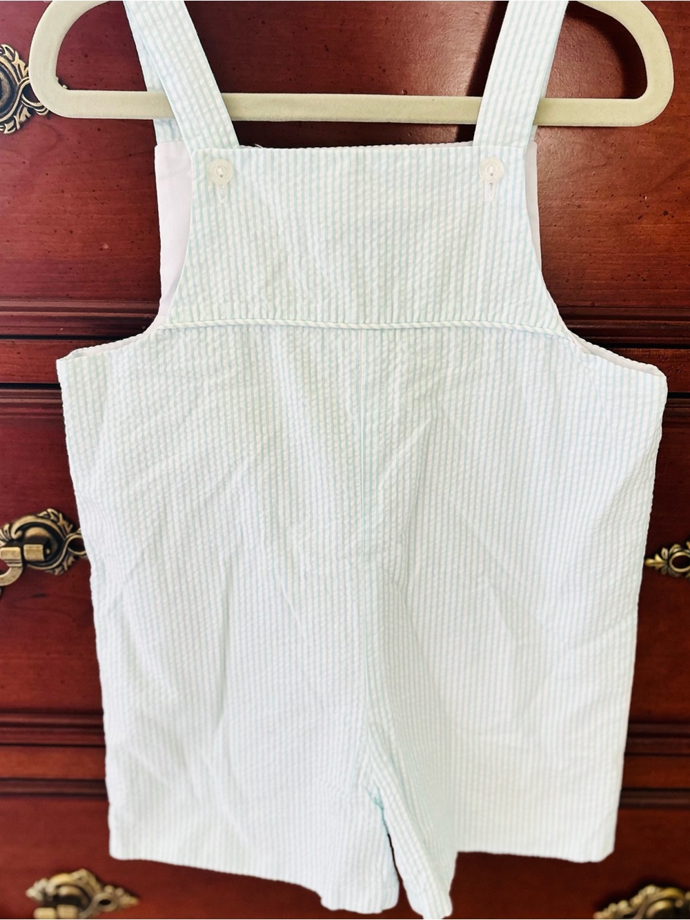 NWOT Little English Light Teal/Blue Seersucker Boy Shortalls 2T